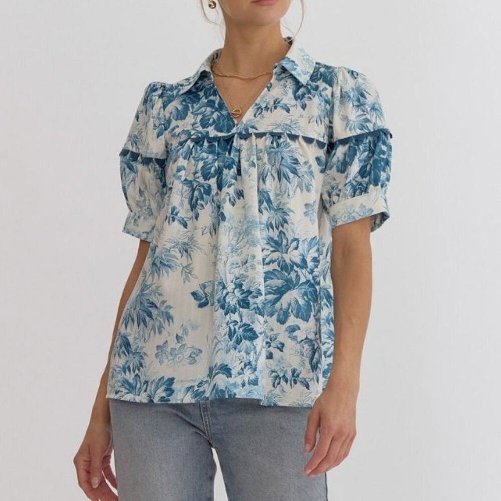 NWT Entro Teal Floral Puff Short Sleeve Blouse With Ric-Rack Trim